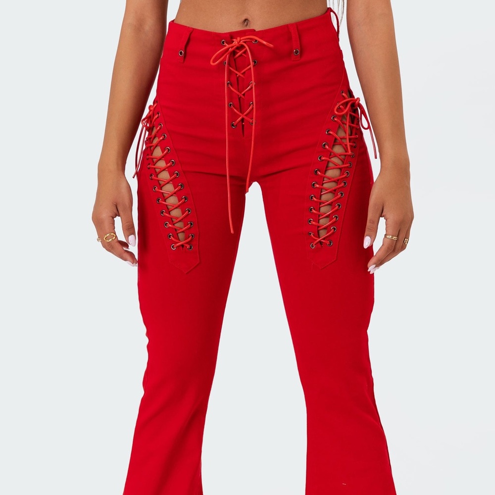 Red Engine Flare Pants from Edikted